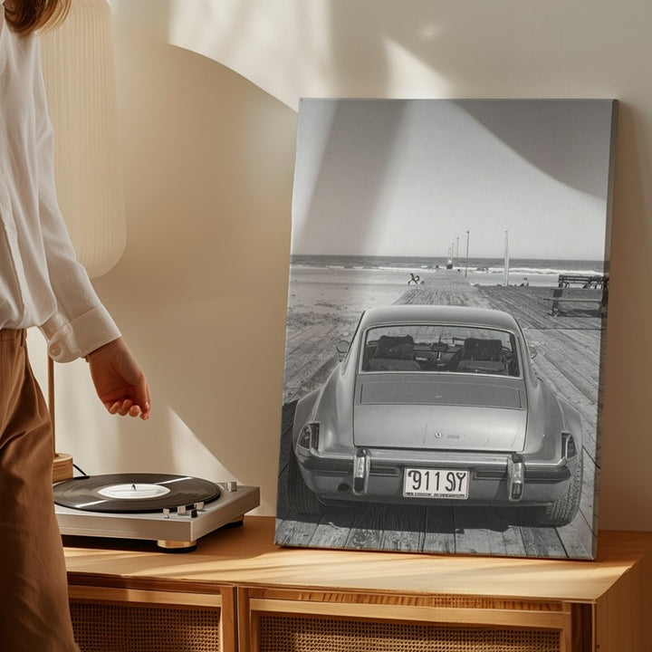 Vintage Porsche 911 Convertible Canvas – Black-and-White Coastal Car Art - Gifitto