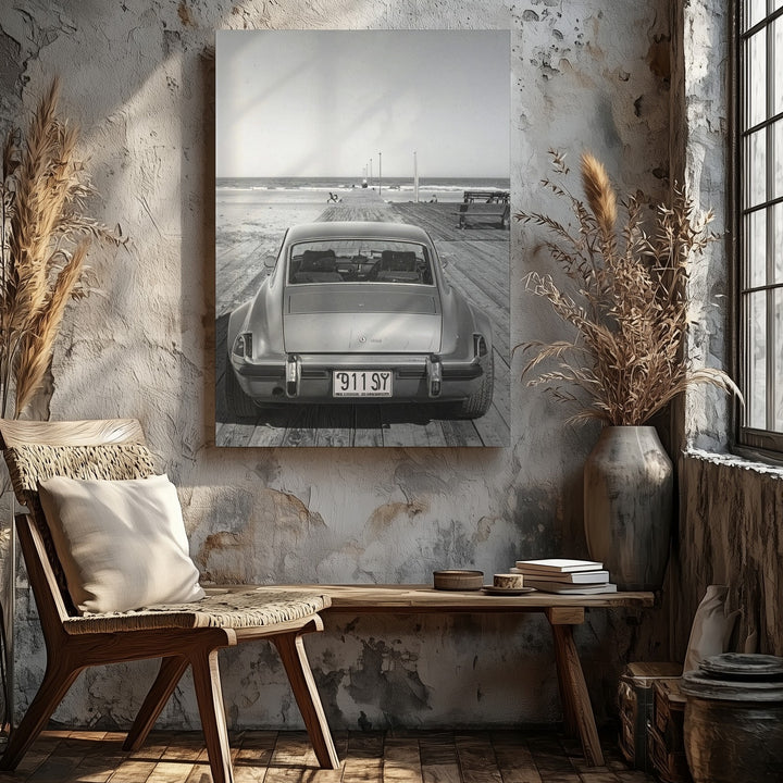 Vintage Porsche 911 Convertible Canvas – Black-and-White Coastal Car Art - Gifitto
