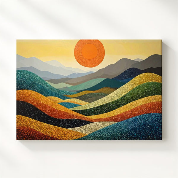 Pointillist Mountain & Sun Canvas – Abstract Japanese Landscape in Dots - Gifitto
