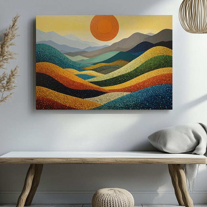 Pointillist Mountain & Sun Canvas – Abstract Japanese Landscape in Dots - Gifitto