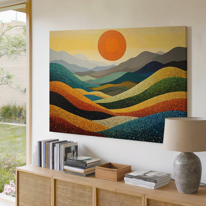 Pointillist Mountain & Sun Canvas – Abstract Japanese Landscape in Dots - Gifitto