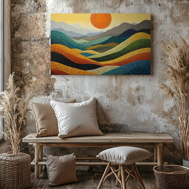 Pointillist Mountain & Sun Canvas – Abstract Japanese Landscape in Dots - Gifitto