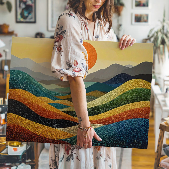 Pointillist Mountain & Sun Canvas – Abstract Japanese Landscape in Dots - Gifitto