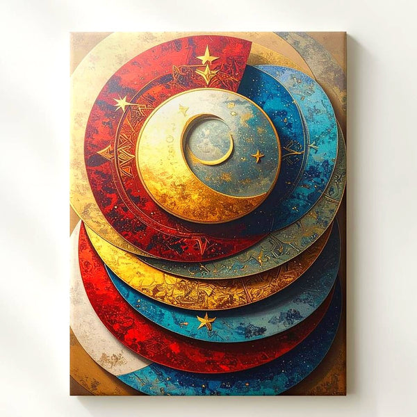Celestial Crescent Canvas – Mystical Art with Moon & Star Discs - Gifitto