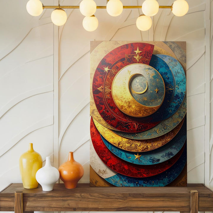 Celestial Crescent Canvas – Mystical Art with Moon & Star Discs - Gifitto