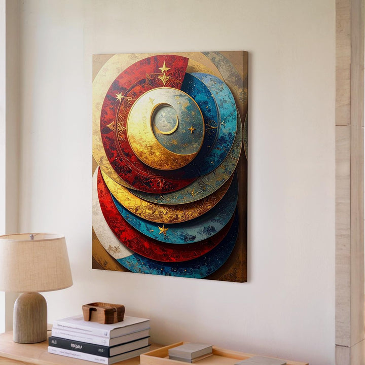 Celestial Crescent Canvas – Mystical Art with Moon & Star Discs - Gifitto