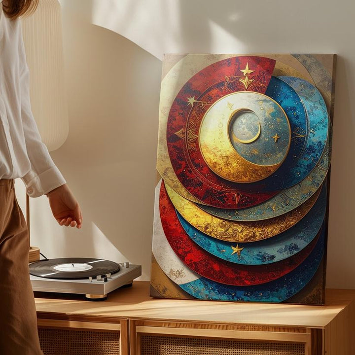 Celestial Crescent Canvas – Mystical Art with Moon & Star Discs - Gifitto