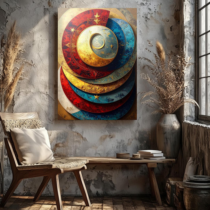 Celestial Crescent Canvas – Mystical Art with Moon & Star Discs - Gifitto