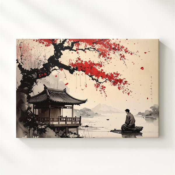 Riverside Teahouse Ink Canvas – Minimalist East Asian Red Blossom Art - Gifitto