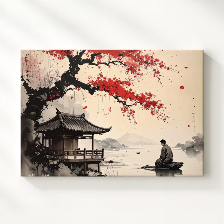 Riverside Teahouse Ink Canvas – Minimalist East Asian Red Blossom Art - Gifitto