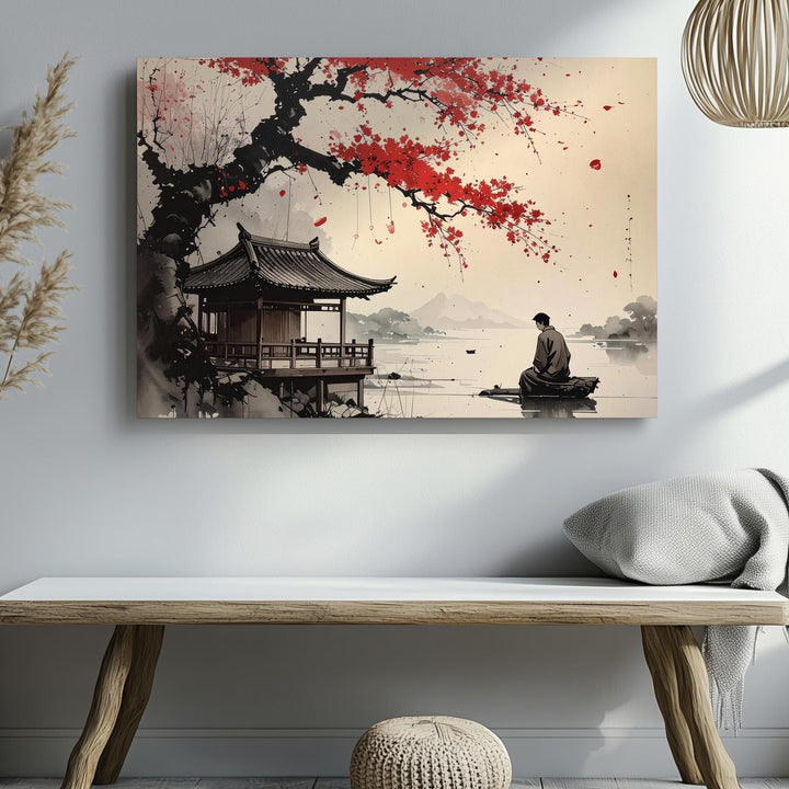 Riverside Teahouse Ink Canvas – Minimalist East Asian Red Blossom Art - Gifitto