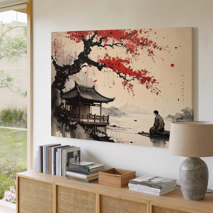 Riverside Teahouse Ink Canvas – Minimalist East Asian Red Blossom Art - Gifitto
