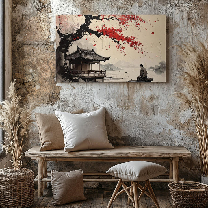 Riverside Teahouse Ink Canvas – Minimalist East Asian Red Blossom Art - Gifitto