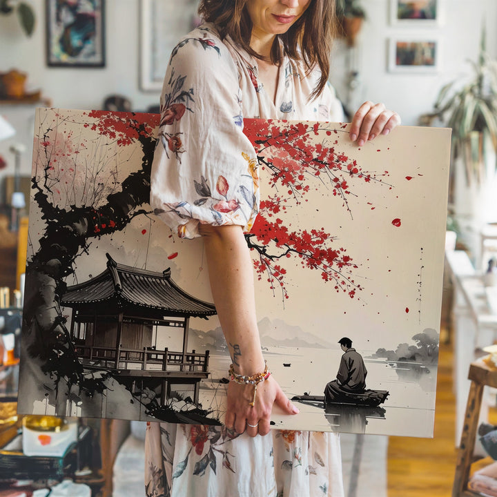Riverside Teahouse Ink Canvas – Minimalist East Asian Red Blossom Art - Gifitto