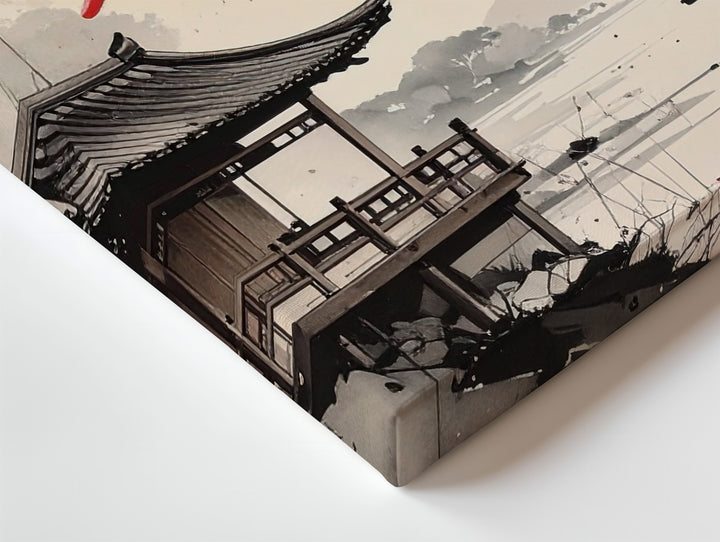 Riverside Teahouse Ink Canvas – Minimalist East Asian Red Blossom Art - Gifitto