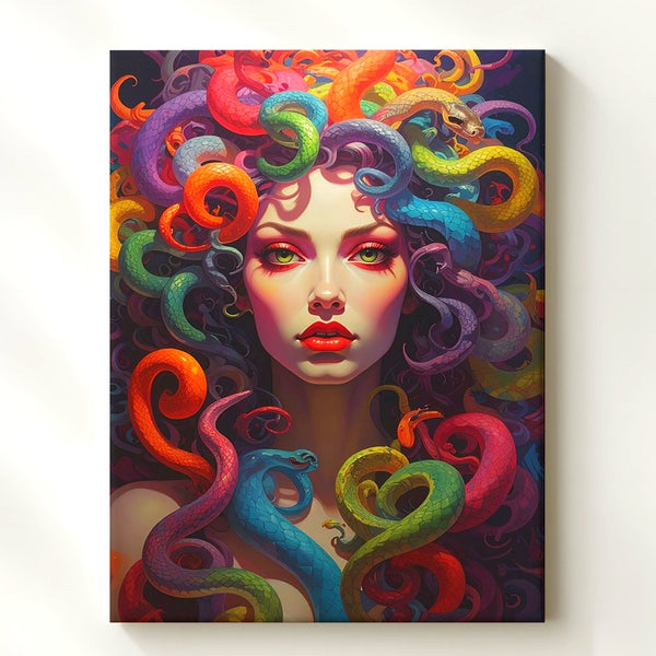 Neon Medusa Canvas – Vibrant Digital Portrait with Rainbow Snake Hair - Gifitto