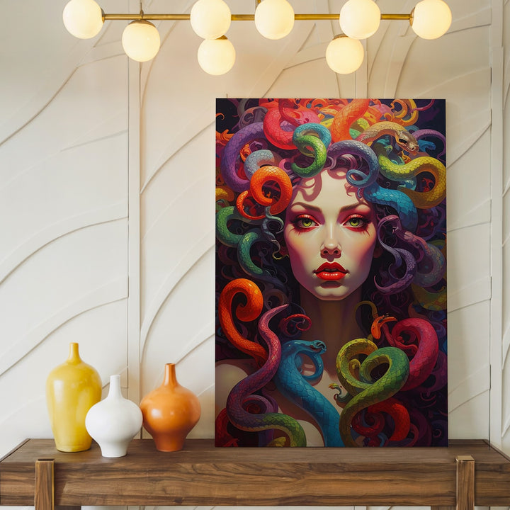 Neon Medusa Canvas – Vibrant Digital Portrait with Rainbow Snake Hair - Gifitto
