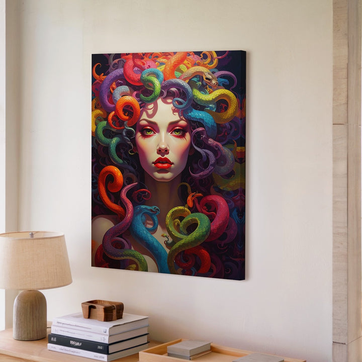 Neon Medusa Canvas – Vibrant Digital Portrait with Rainbow Snake Hair - Gifitto