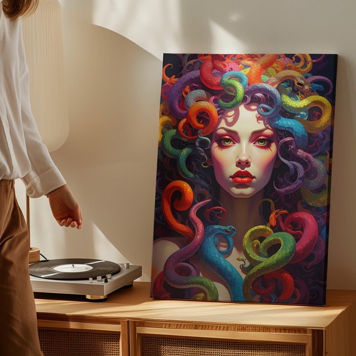 Neon Medusa Canvas – Vibrant Digital Portrait with Rainbow Snake Hair - Gifitto