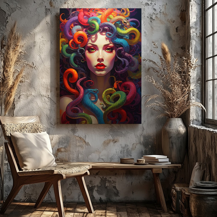 Neon Medusa Canvas – Vibrant Digital Portrait with Rainbow Snake Hair - Gifitto