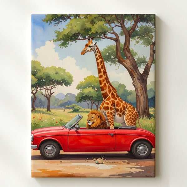 Whimsical Red Convertible Canvas – Watercolor Animal Adventure Art - Gifitto