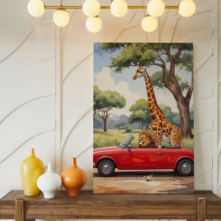 Whimsical Red Convertible Canvas – Watercolor Animal Adventure Art - Gifitto