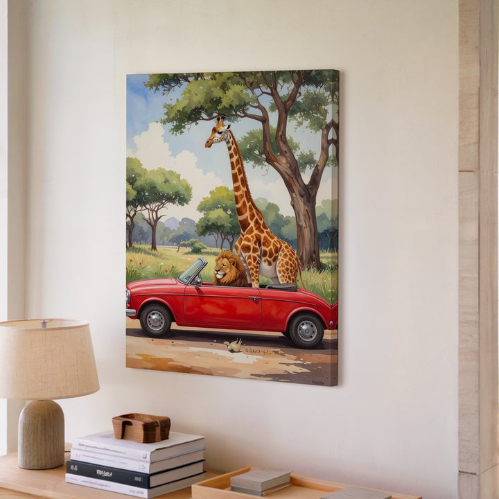Whimsical Red Convertible Canvas – Watercolor Animal Adventure Art - Gifitto