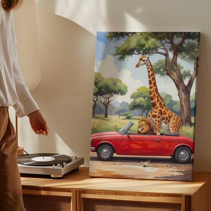 Whimsical Red Convertible Canvas – Watercolor Animal Adventure Art - Gifitto