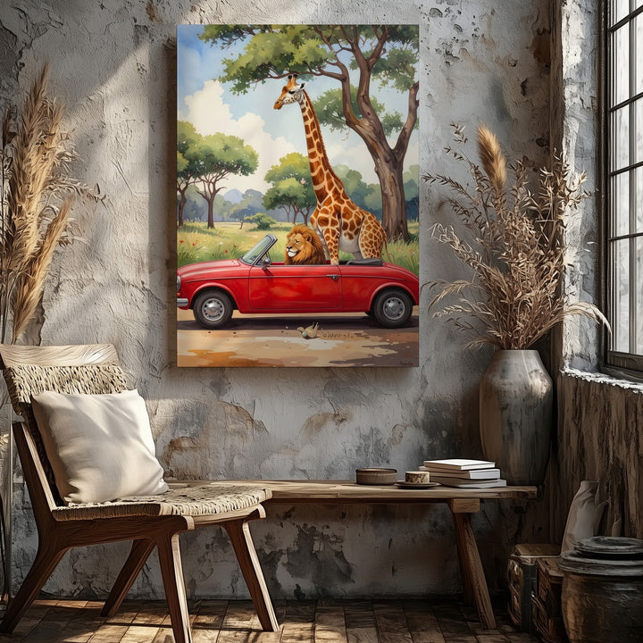 Whimsical Red Convertible Canvas – Watercolor Animal Adventure Art - Gifitto