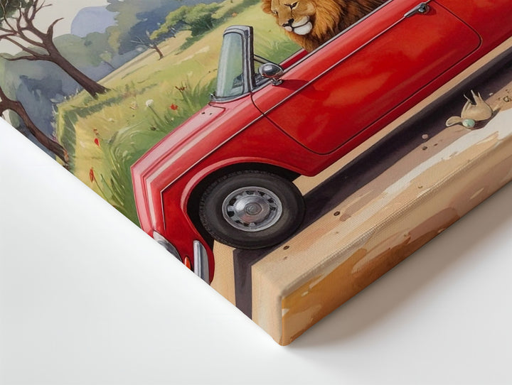 Whimsical Red Convertible Canvas – Watercolor Animal Adventure Art - Gifitto