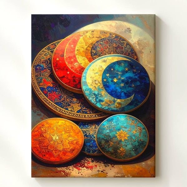 Ornate Celestial Medallions Canvas – Handcrafted Lunar & Star Art - Gifitto