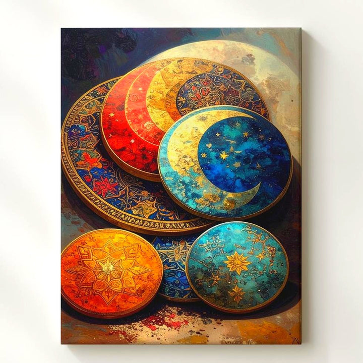 Ornate Celestial Medallions Canvas – Handcrafted Lunar & Star Art - Gifitto