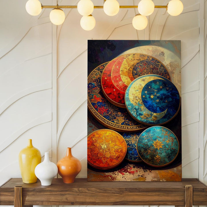 Ornate Celestial Medallions Canvas – Handcrafted Lunar & Star Art - Gifitto