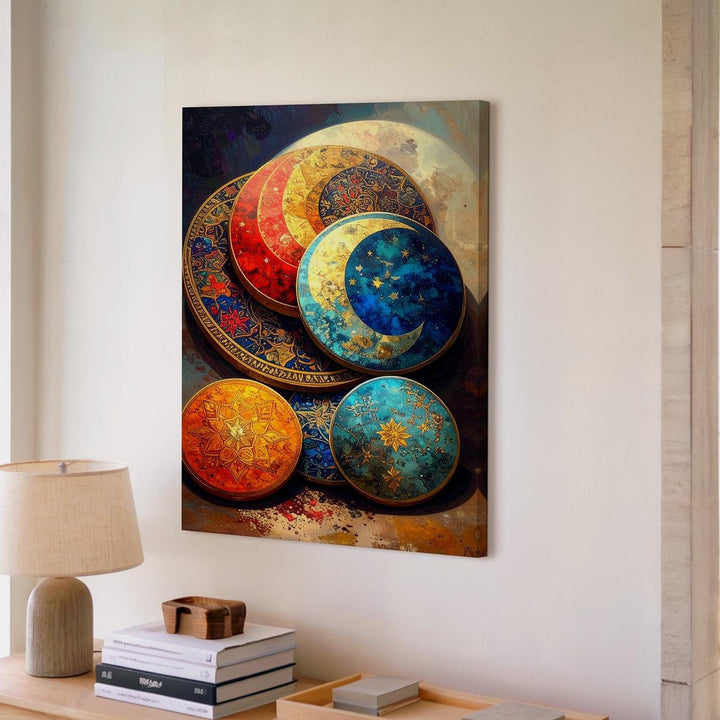 Ornate Celestial Medallions Canvas – Handcrafted Lunar & Star Art - Gifitto