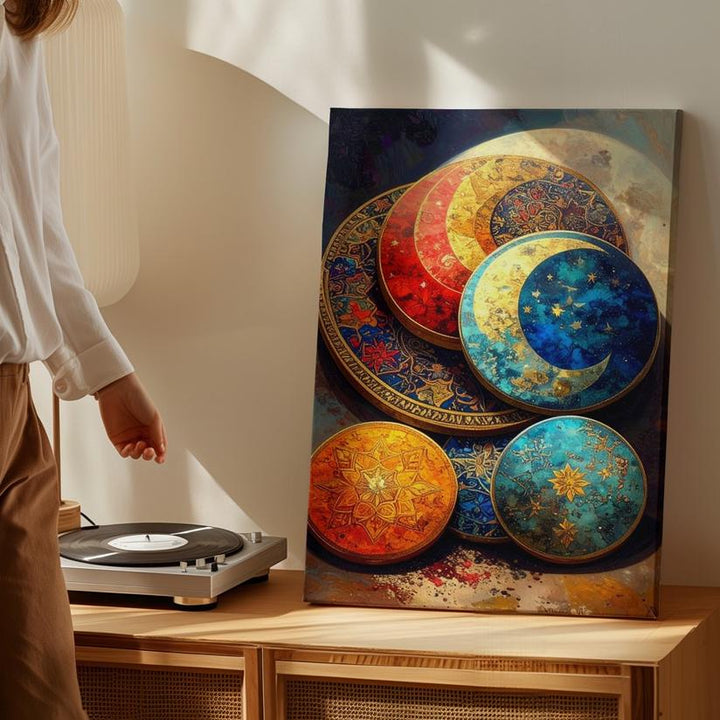 Ornate Celestial Medallions Canvas – Handcrafted Lunar & Star Art - Gifitto