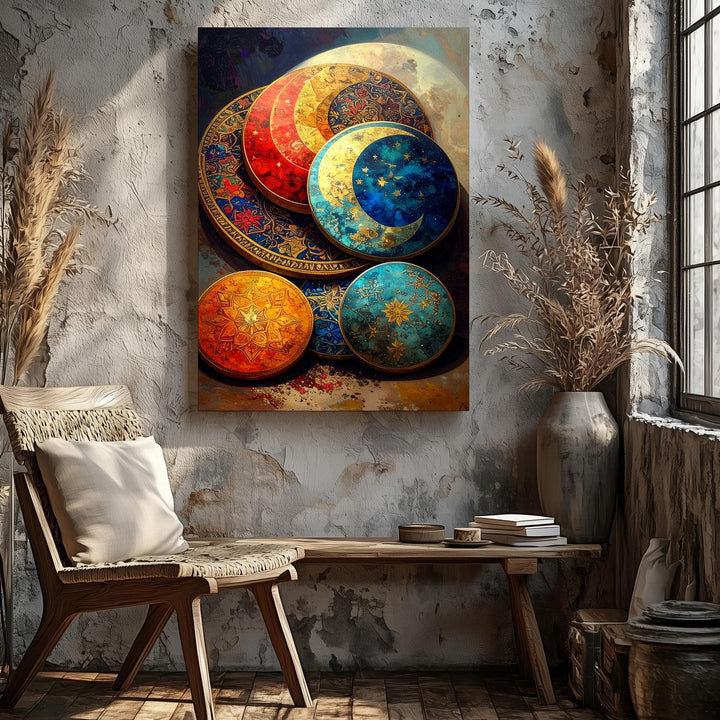 Ornate Celestial Medallions Canvas – Handcrafted Lunar & Star Art - Gifitto