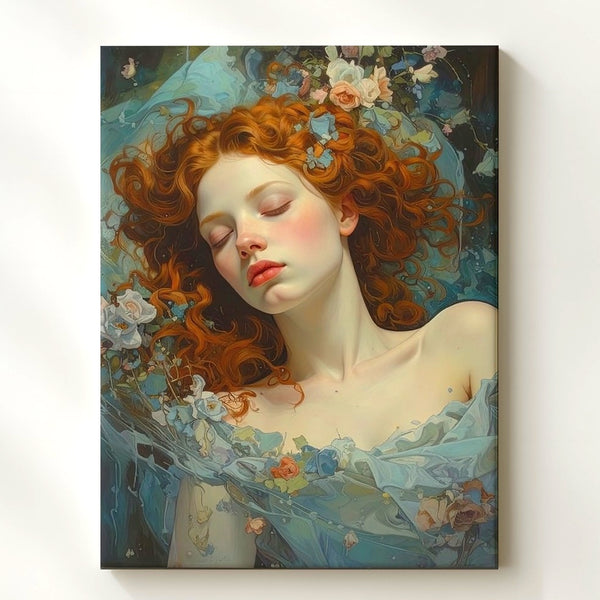 Serene Water Nymph Canvas – Dreamy Red-Haired Woman in Water with Petals - Gifitto