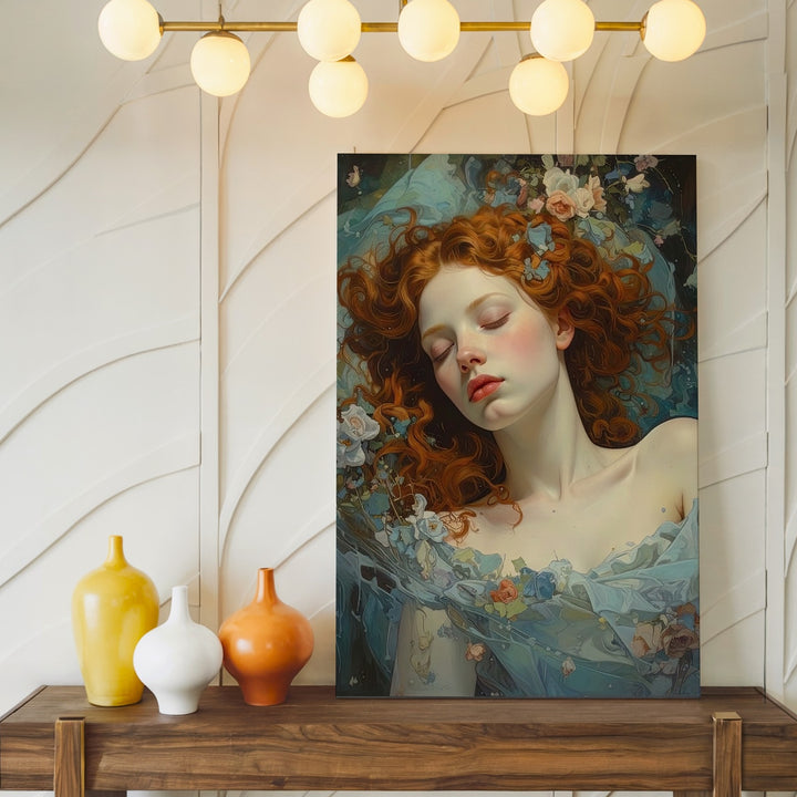 Serene Water Nymph Canvas – Dreamy Red-Haired Woman in Water with Petals - Gifitto