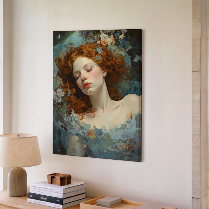 Serene Water Nymph Canvas – Dreamy Red-Haired Woman in Water with Petals - Gifitto