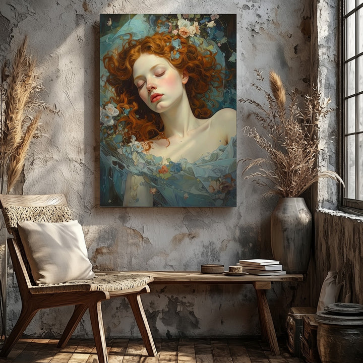 Serene Water Nymph Canvas – Dreamy Red-Haired Woman in Water with Petals - Gifitto