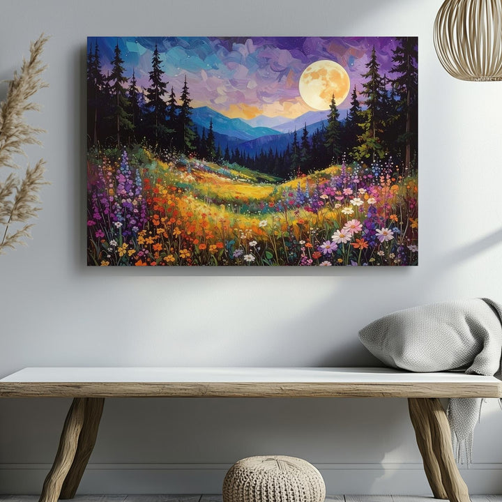 Moonlit Wildflower Forest Canvas – Impressionist Night Nature Wall Art - Gifitto