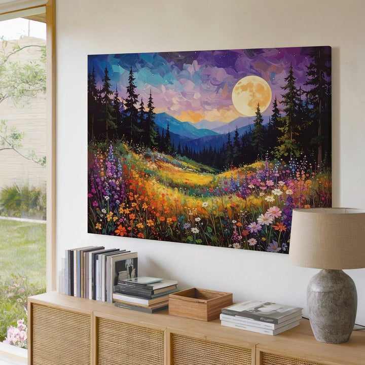 Moonlit Wildflower Forest Canvas – Impressionist Night Nature Wall Art - Gifitto