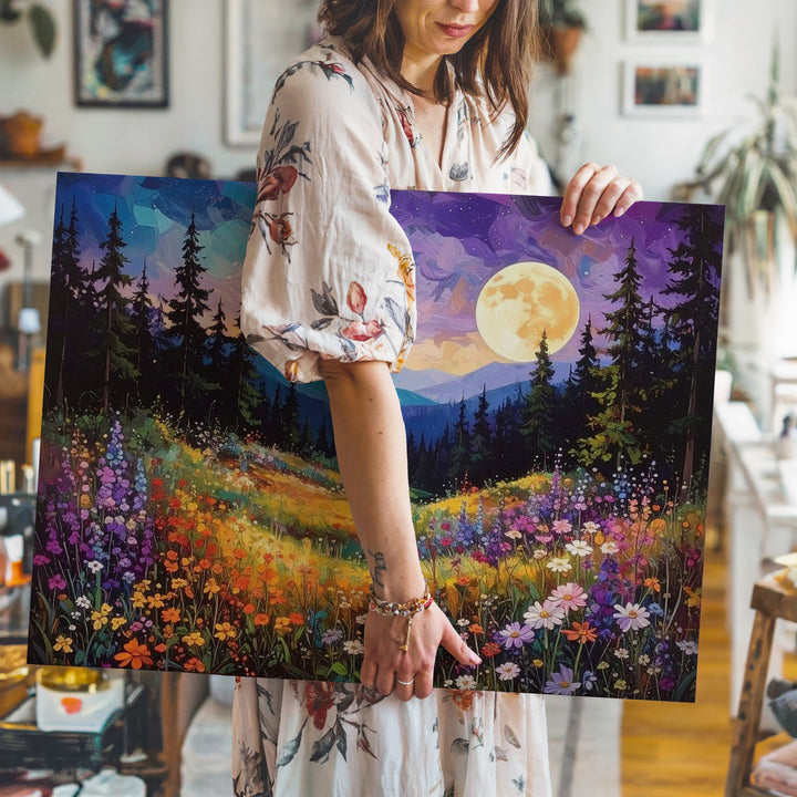 Moonlit Wildflower Forest Canvas – Impressionist Night Nature Wall Art - Gifitto