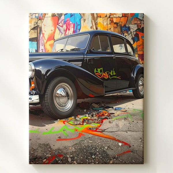 Vintage Black Car with Graffiti Wall Canvas – Retro Street Art Car Art - Gifitto