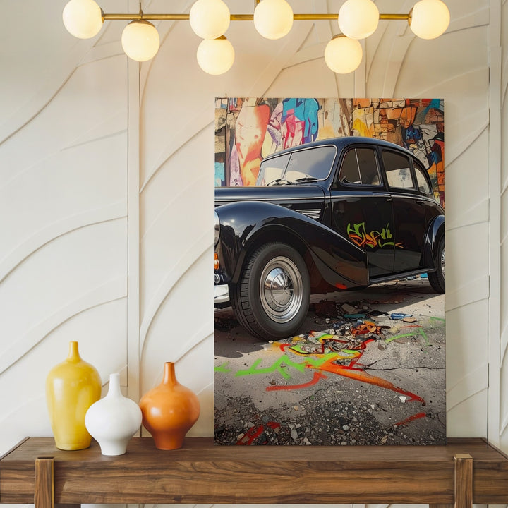 Vintage Black Car with Graffiti Wall Canvas – Retro Street Art Car Art - Gifitto