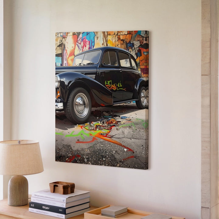 Vintage Black Car with Graffiti Wall Canvas – Retro Street Art Car Art - Gifitto