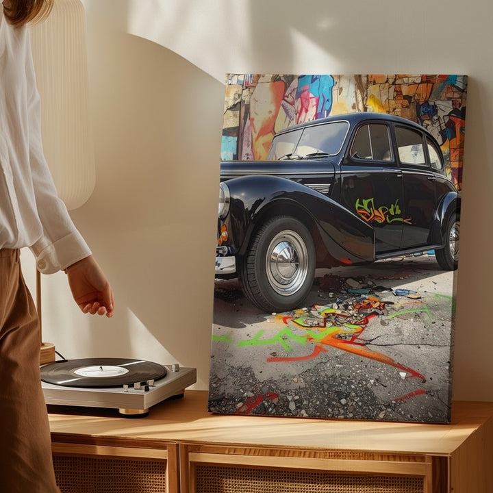 Vintage Black Car with Graffiti Wall Canvas – Retro Street Art Car Art - Gifitto
