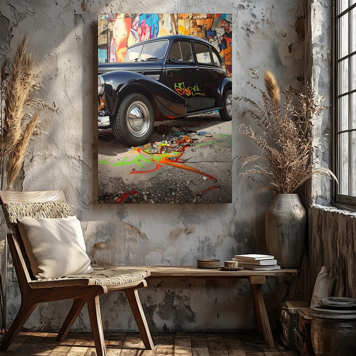 Vintage Black Car with Graffiti Wall Canvas – Retro Street Art Car Art - Gifitto