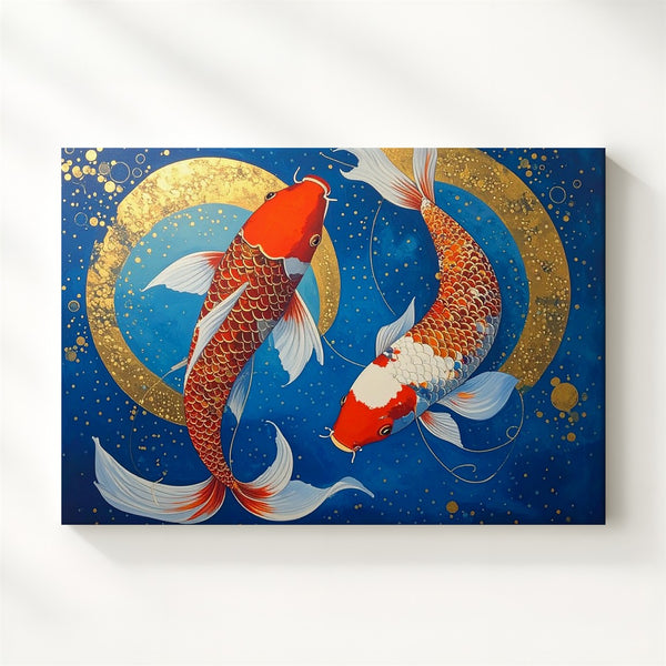 Golden Koi Harmony Canvas – Japanese Yin-Yang Fish on Deep Blue Wall Art - Gifitto