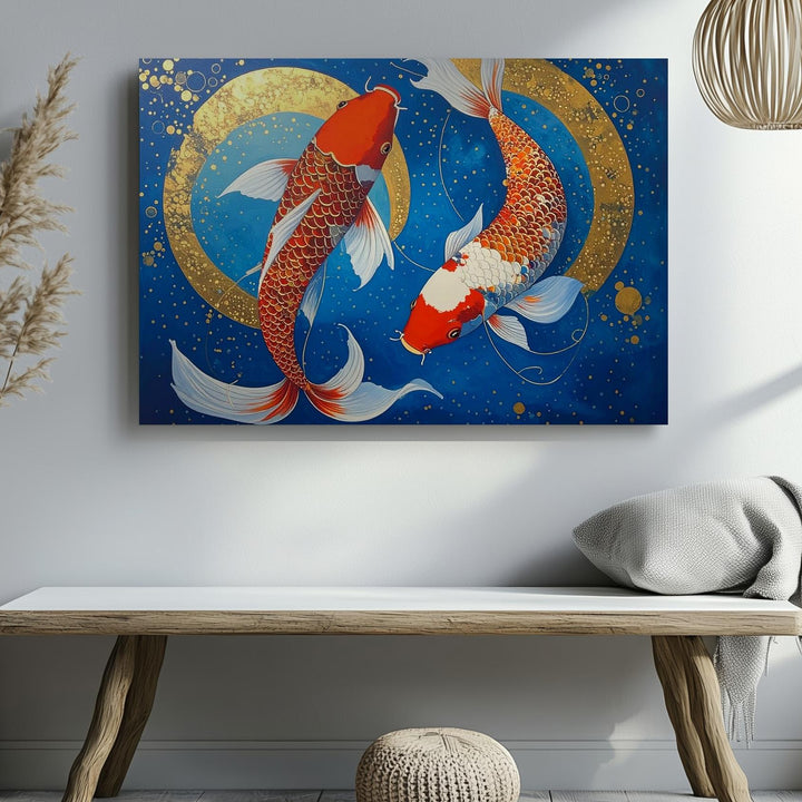 Golden Koi Harmony Canvas – Japanese Yin-Yang Fish on Deep Blue Wall Art - Gifitto